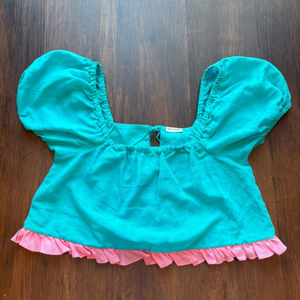 Dora Larsen Teal Boho Puff Sleeve Ruffle Top Coquette Sz 10 Loungewear Soft Girl